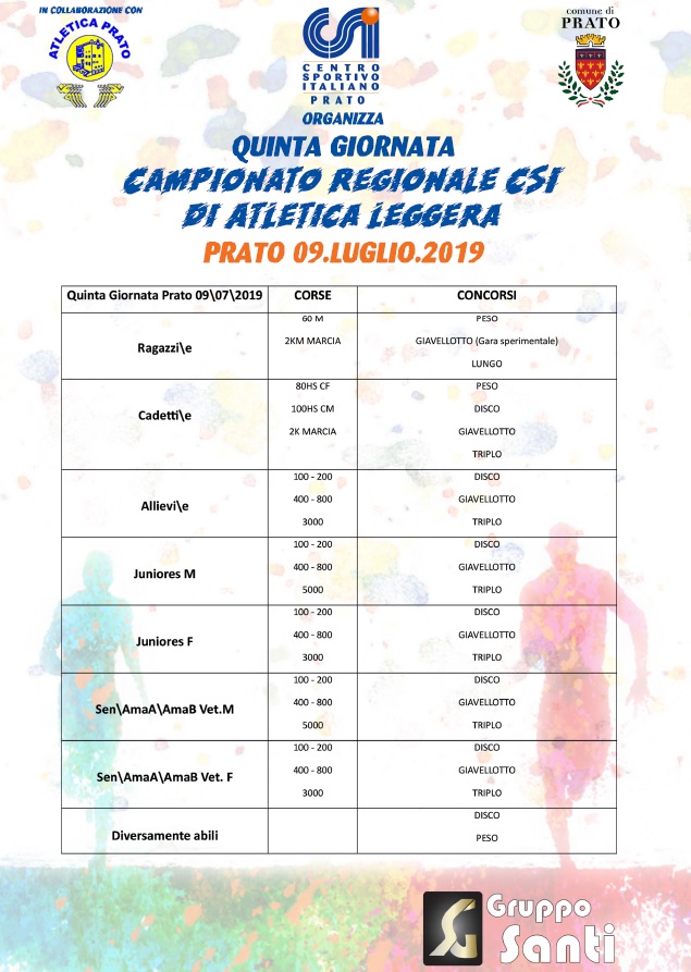 Quinta Giornata Campionato Regionale CSI di Atletica Leggera - Prato - 9 luglio 2019